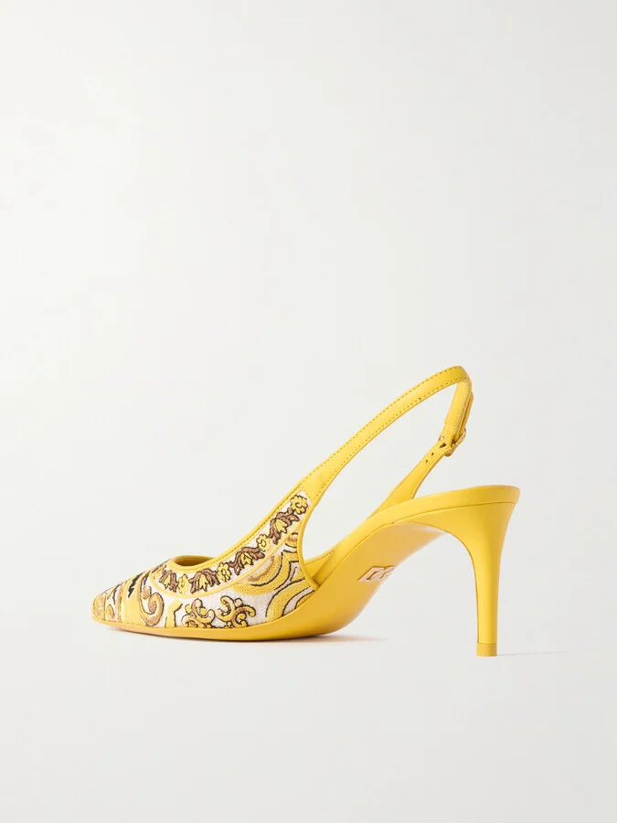Dolce & Gabbana - Maiolica Lollo Leather-trimmed Canvas-jacquard Slingback Pumps - Yellow - Image 3