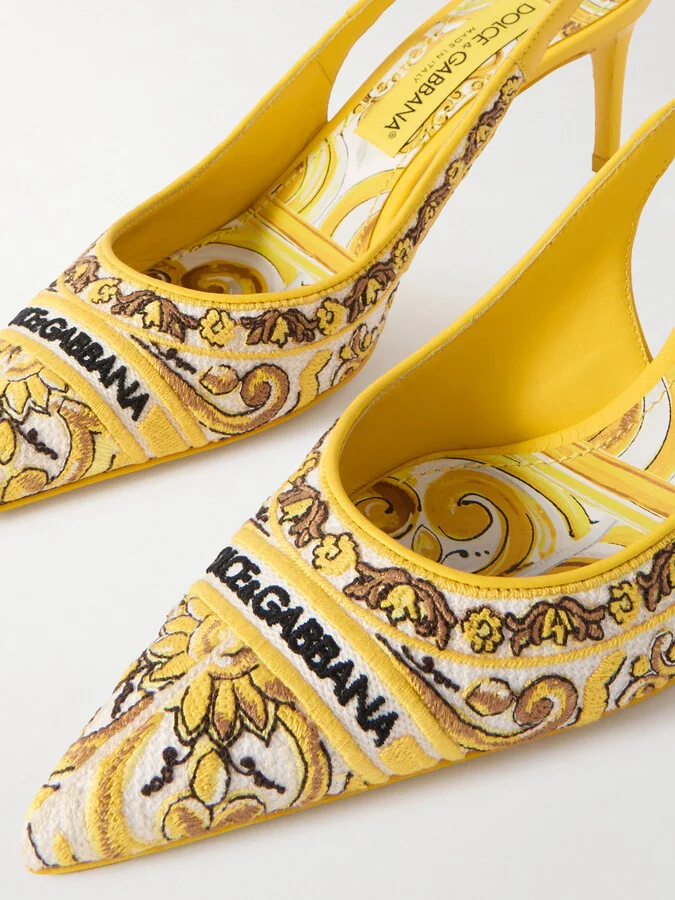Dolce & Gabbana - Maiolica Lollo Leather-trimmed Canvas-jacquard Slingback Pumps - Yellow - Image 4