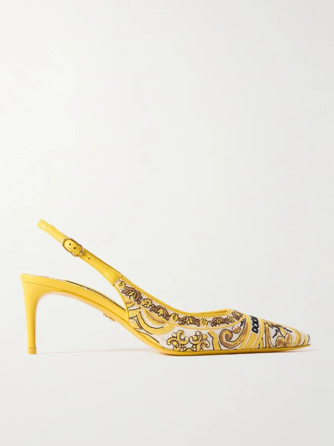 Dolce & Gabbana - Maiolica Lollo Leather-trimmed Canvas-jacquard Slingback Pumps - Yellow