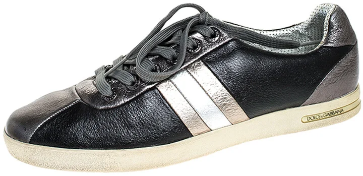 Dolce & Gabbana Metallic Black/Grey Leather Striped Lace Up Sneakers Size 40