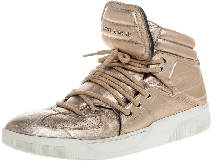 Dolce & Gabbana Metallic Gold Leather Flag High Top Sneakers Size 43