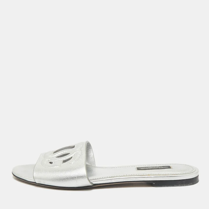 Dolce & Gabbana Metallic Silver Leather Logo Flat Slide Sandals Size 37