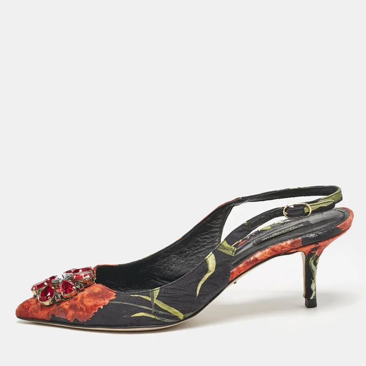 Dolce & Gabbana Multicolor Brocade Fabric Crystal Embellished Slingback Pumps Size 40.5