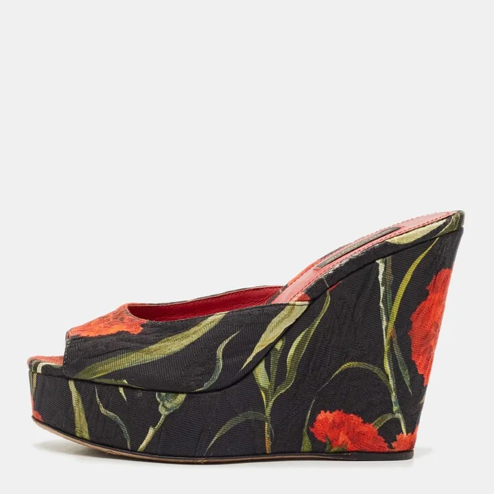 Dolce & Gabbana Multicolor Fabric Floral Print Wedge Platform Slide Sandals Size 35