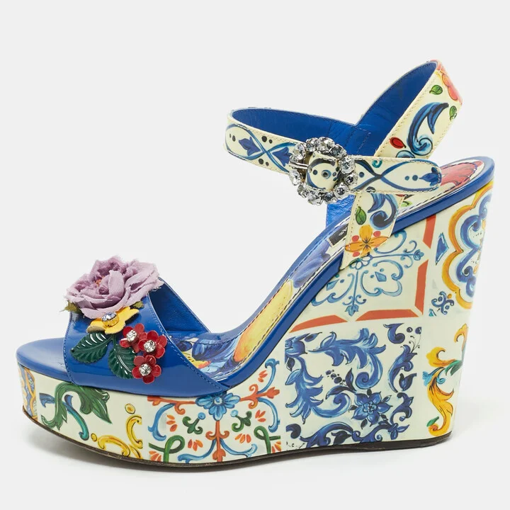 Dolce & Gabbana Multicolor Floral Patent Leather Wedge Platform Ankle Strap Sandals Size 37