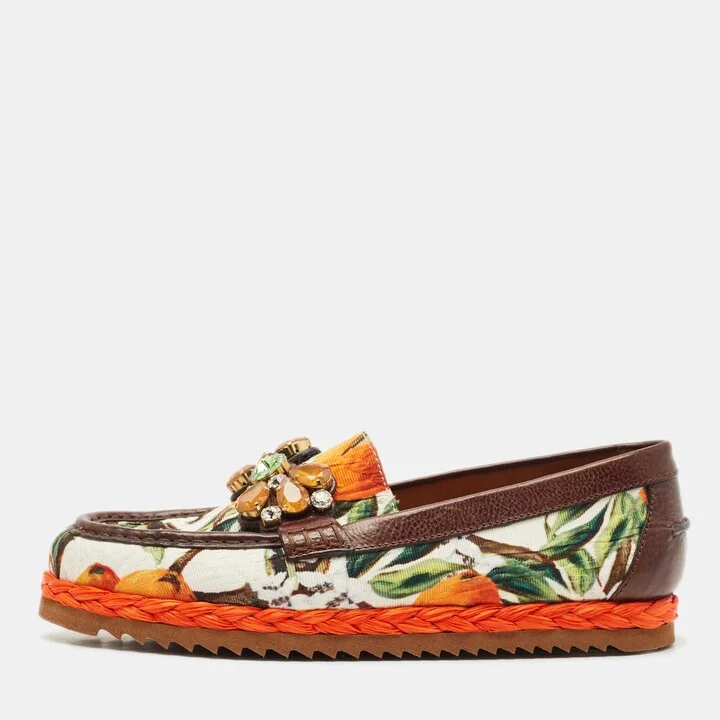 Dolce & Gabbana Multicolor Floral Print Canvas and Leather Palermo Crystals Loafers Size 39