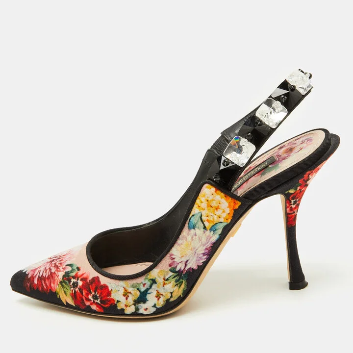 Dolce & Gabbana Multicolor Floral Print Fabric Crystal Embellished Slingback Pumps Size 36