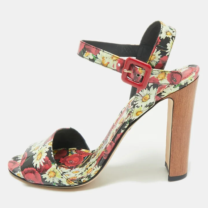 Dolce & Gabbana Multicolor Floral Print Patent Leather Ankle Strap Sandals Size 40