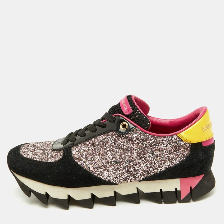 Dolce & Gabbana Multicolor Glitter Patent Leather and Suede Low Top Sneakers Size 38