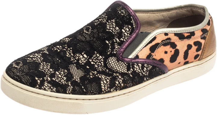 Dolce & Gabbana Multicolor Lace and Leather Slip On Sneakers Size 37