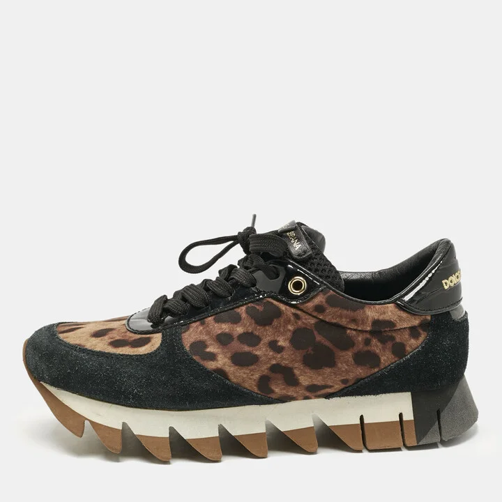 Dolce & Gabbana Multicolor Leopard Print Canvas and Patent Leather Lace Up Sneakers Size 36