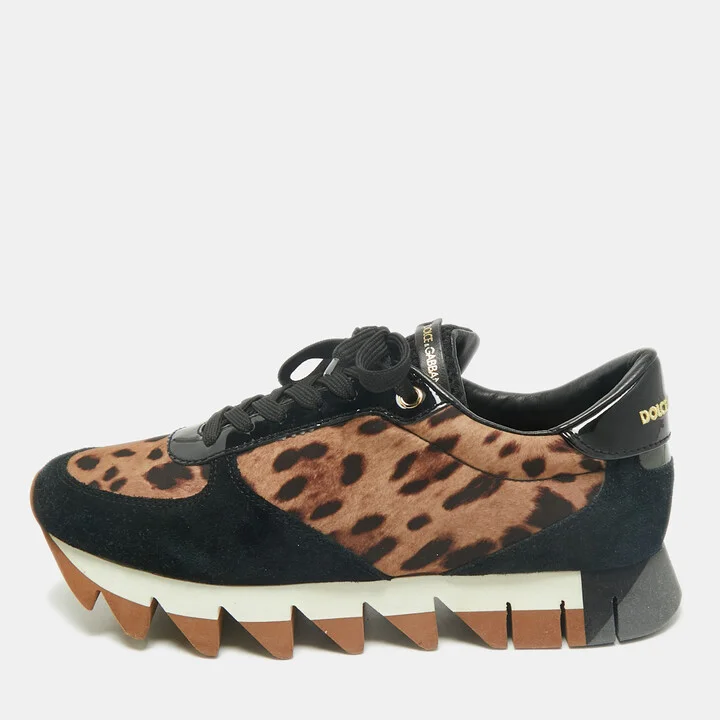 Dolce & Gabbana Multicolor Leopard Print Leather and Suede Running Low Top Sneakers Size 39.5
