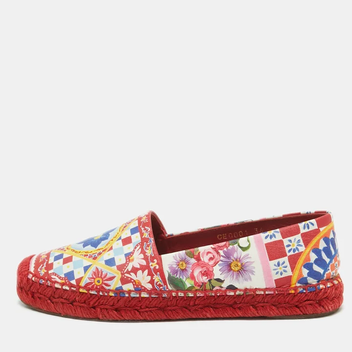 Dolce & Gabbana Multicolor Majolica Print Leather Slip On Espadrille Flats Size 36