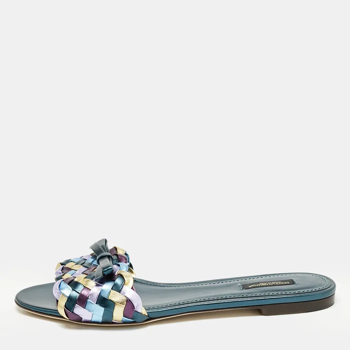 Dolce & Gabbana Multicolor Metallic Leather Woven Bow Flat Slide Sandals Size 40