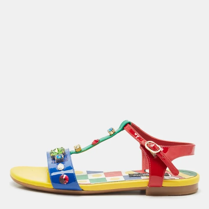 Dolce & Gabbana Multicolor Patent Leather Crystals Embellished T-Strap Sandals Size 34