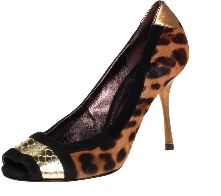 Dolce & Gabbana Multicolor Pony Hair And Suede Open Toe Pumps Size 38