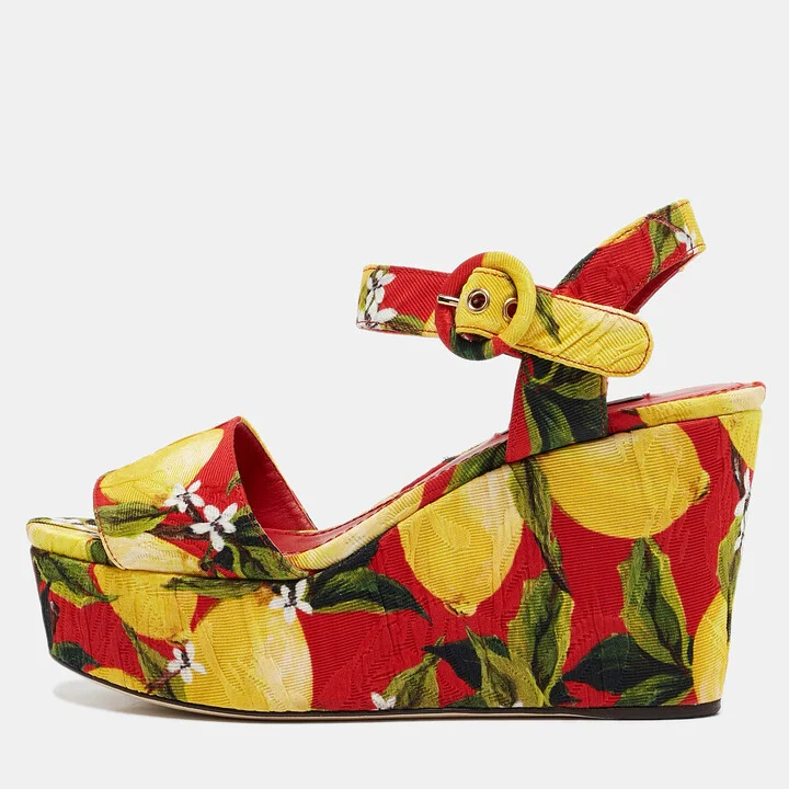 Dolce & Gabbana Multicolor Printed Fabric Ankle Strap Platform Wedge Sandals Size 35