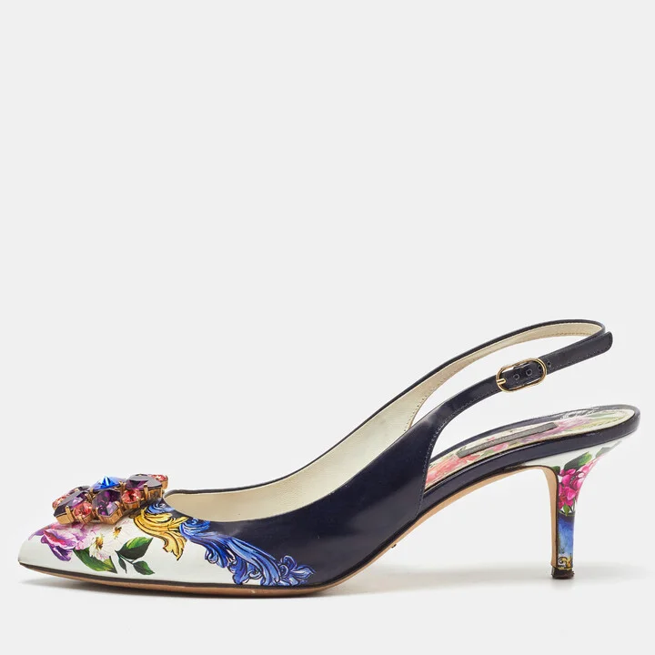 Dolce & Gabbana Multicolor Printed Leather Crystal Embellished Slingback Pumps Size 40