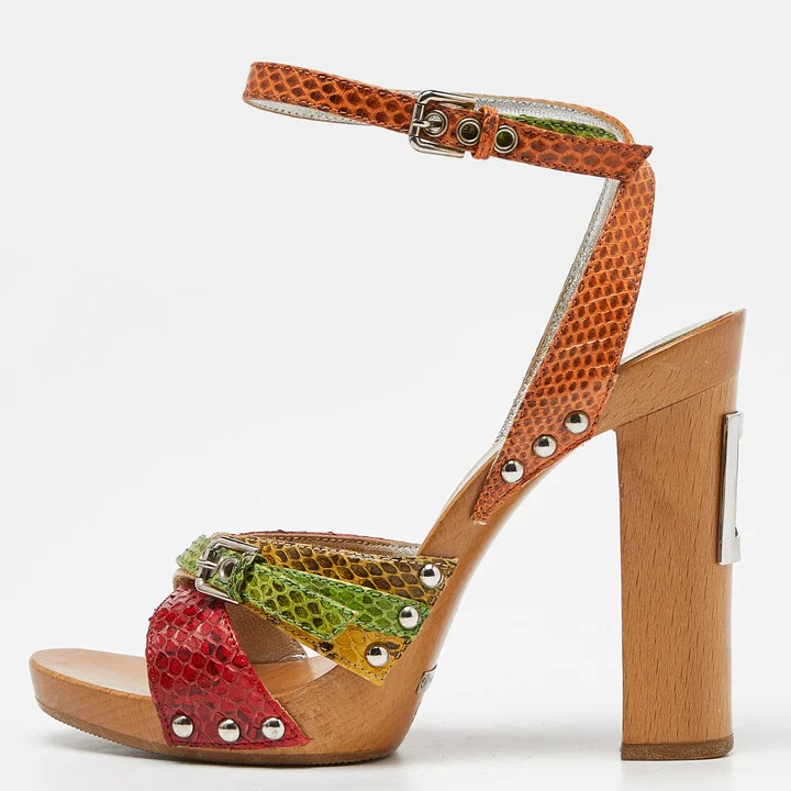 Dolce & Gabbana Multicolor Watersnake Leather Block Heel Strappy Sandals Size 36