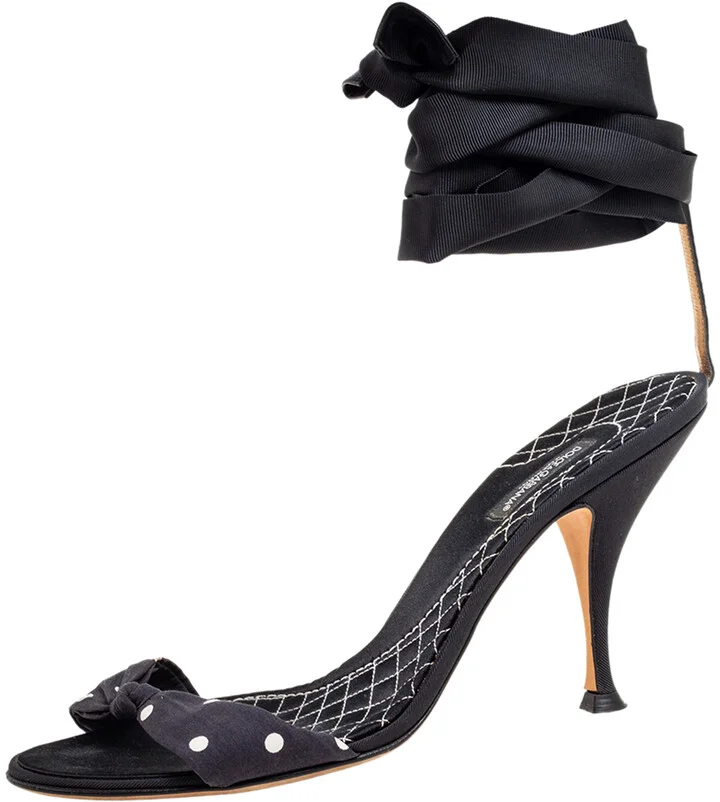 Dolce & Gabbana Navy Blue/Black Polka Dot Knotted Fabric Ankle-Wrap Sandals Size 40.5