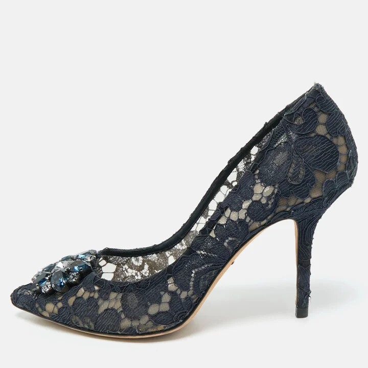 Dolce & Gabbana Navy Blue Lace and Mesh Bellucci Pumps Size 40