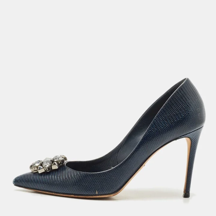 Dolce & Gabbana Navy Blue Lizard Embossed Leather Bellucci Pumps Size 41