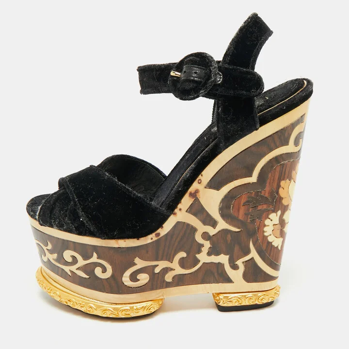 Dolce & Gabbana Navy Blue Velvet Ankle Strap Wedge Sandals Size 36