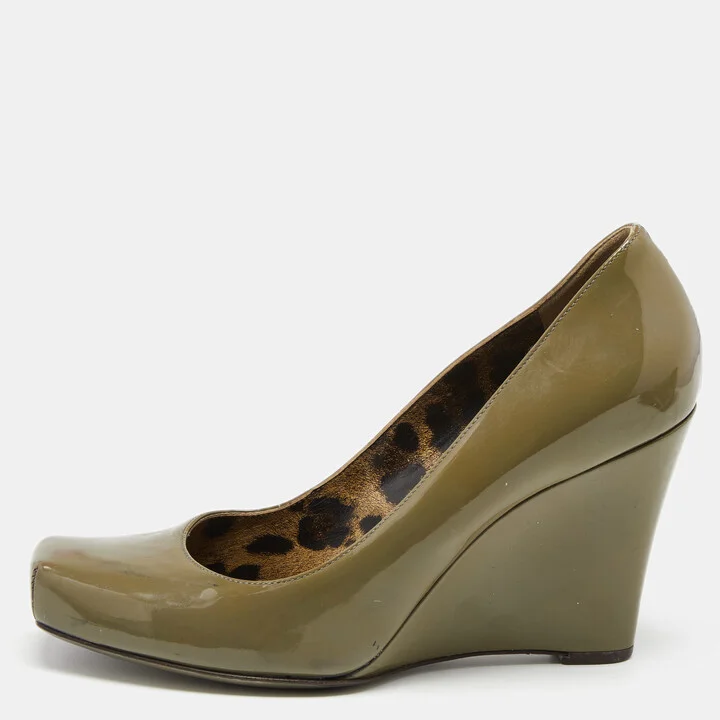 Dolce & Gabbana Olive Green Patent Leather Wedge Pumps Size 38