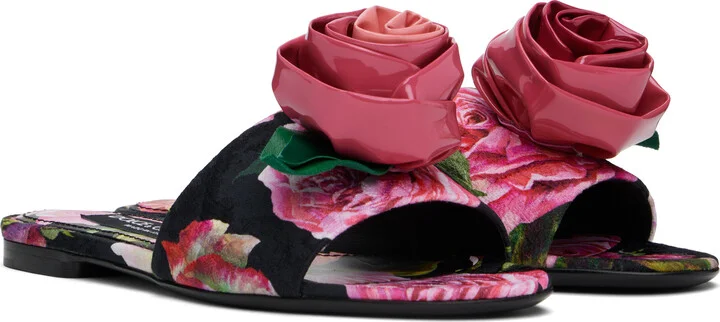 Dolce&Gabbana Pink & Black Rose Sandals - Image 4