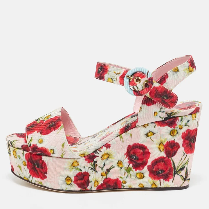 Dolce & Gabbana Pink Floral Print Brocade Fabric Wedge Sandals Size 35