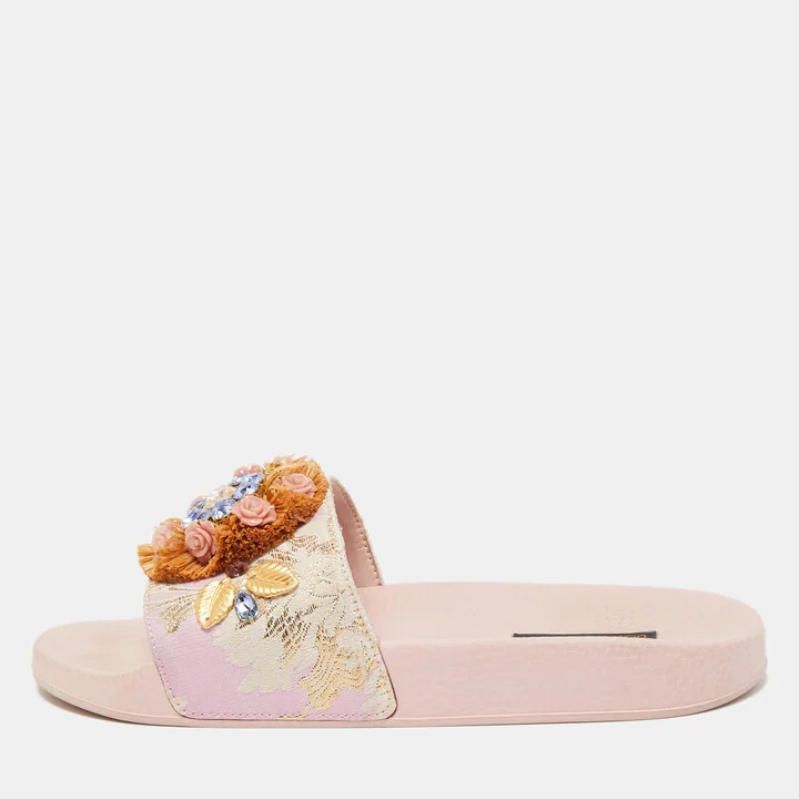 Dolce & Gabbana Pink Jacquard Fabric Embellished Slides Size 40