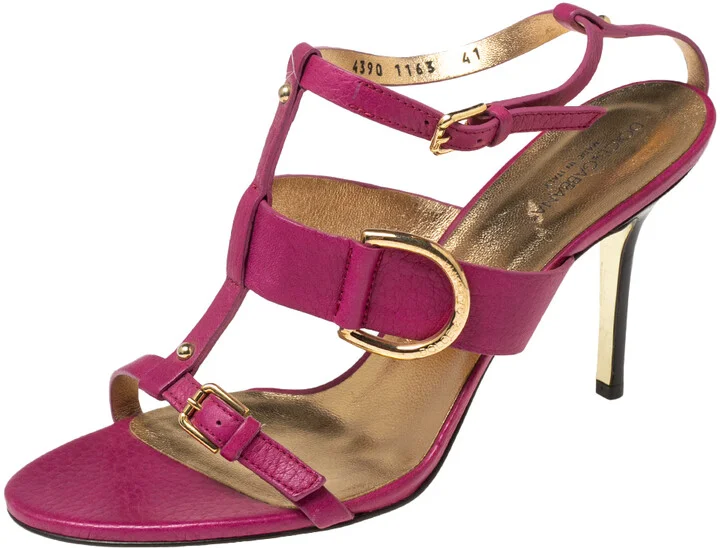 Dolce & Gabbana Pink Leather Buckle Details T-Strap Sandals Size 41