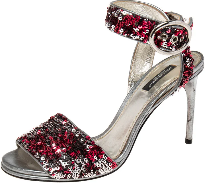 Dolce & Gabbana Pink/Silver Leather And Sequins Ankle Strap Sandals Size 38.5