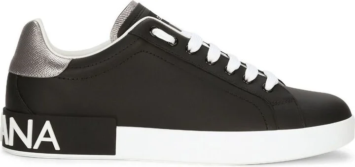 Dolce & Gabbana Portofino Sneakers In Black Leather With Silver Inserts