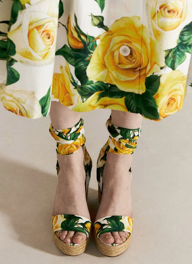 Dolce & Gabbana Printed Charmeuse Wedges - Woman Sandals Yellow Eu - 39 - Image 2