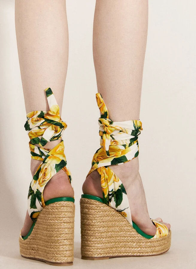 Dolce & Gabbana Printed Charmeuse Wedges - Woman Sandals Yellow Eu - 39 - Image 3