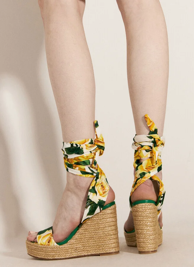 Dolce & Gabbana Printed Charmeuse Wedges - Woman Sandals Yellow Eu - 39 - Image 5