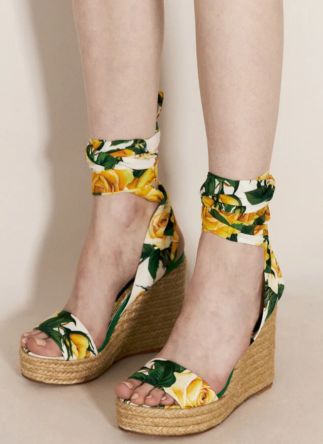 Dolce & Gabbana Printed Charmeuse Wedges - Woman Sandals Yellow Eu - 39 - Image 6