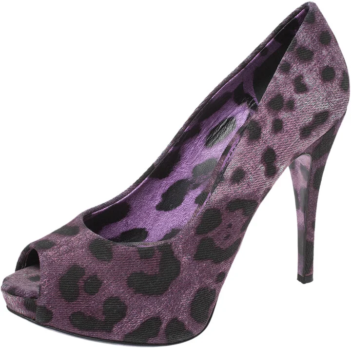 Dolce & Gabbana Purple/Black Leopard Print Denim Peep Toe Platform Pumps Size 36.5
