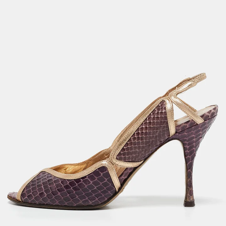 Dolce & Gabbana Purple/Gold Leather and Python Leather Slingback Sandals Size 37.5