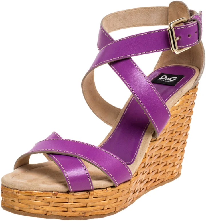 Dolce & Gabbana Purple Leather Ankle Strap Raffia Wedge Sandals Size 37