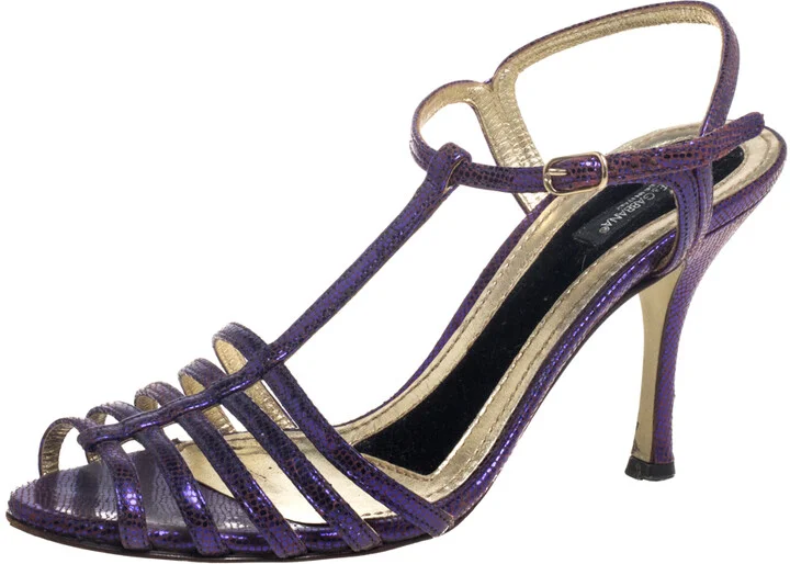 Dolce & Gabbana Purple Lizard Embossed Leather T Strap Sandals Size 36