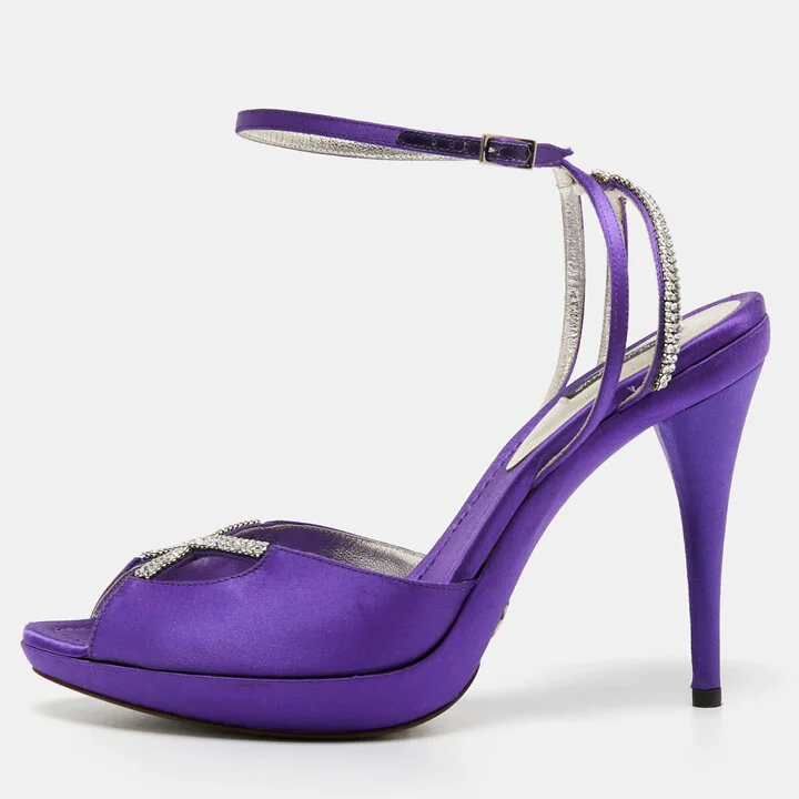 Dolce & Gabbana Purple Satin Crystal Embellished Ankle Strap Platform Sandals Size 41