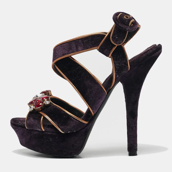 Dolce & Gabbana Purple Velvet And Leather Crystal Embellished Sandals Size 36