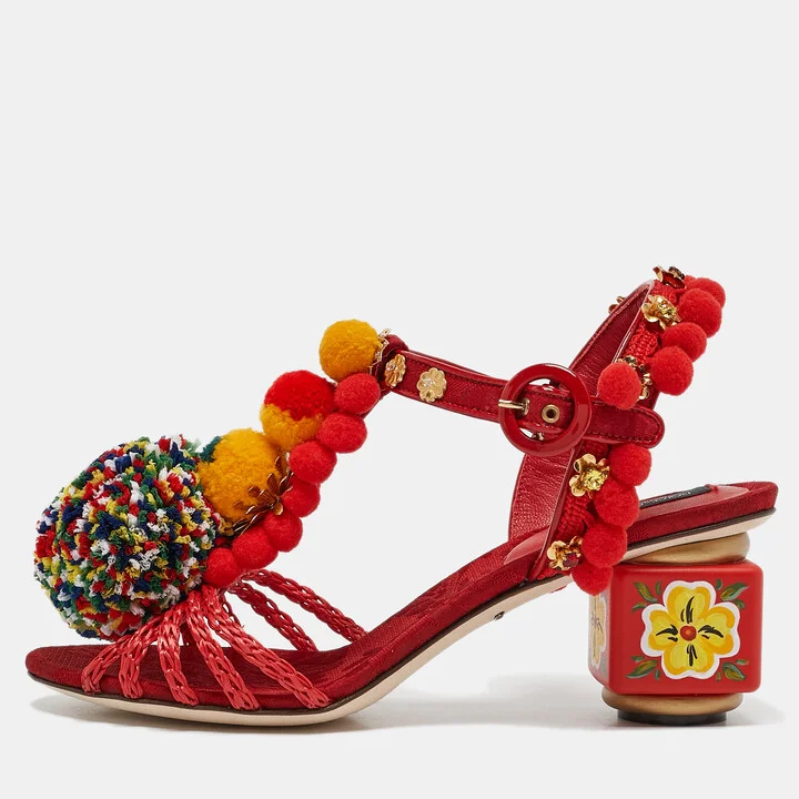 Dolce & Gabbana Red Fabric and Raffia Pom Pom Embellished T-Strap Sandals Size 35