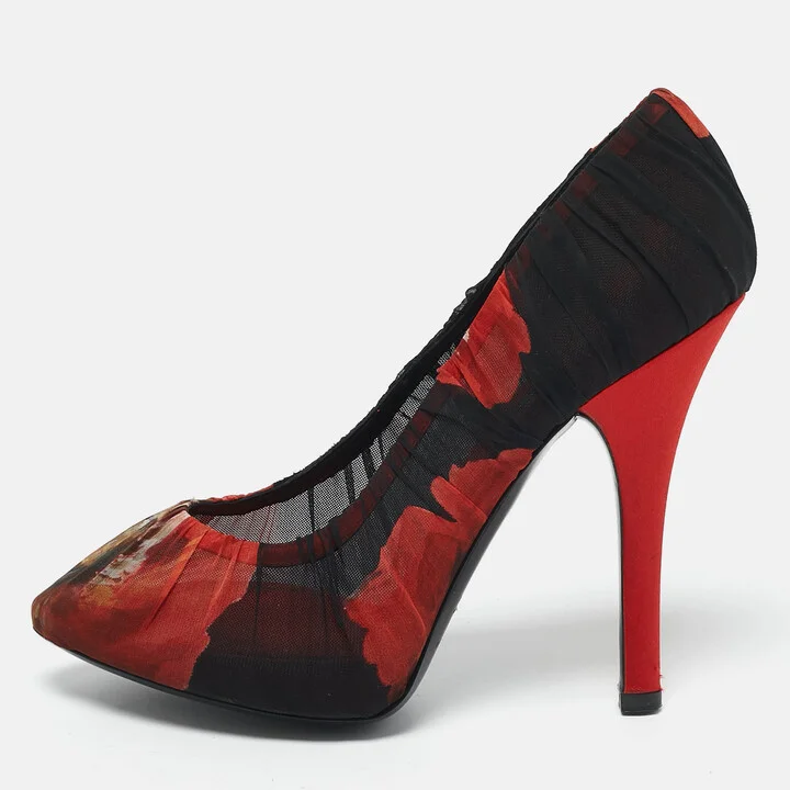 Dolce & Gabbana Red Floral Pleated Fabric Pumps Size 38
