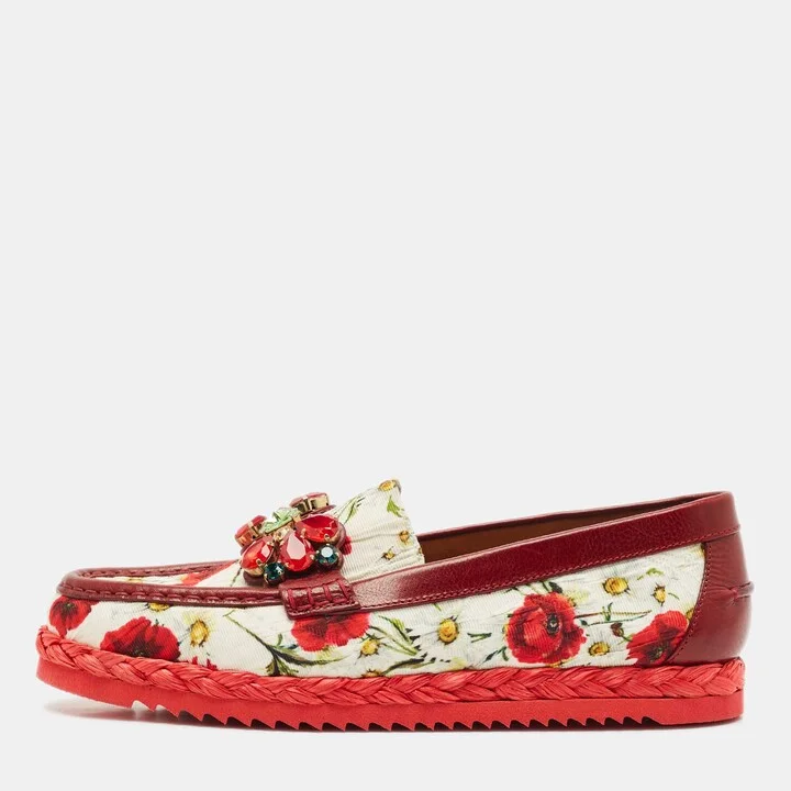 Dolce & Gabbana Red Floral Print Canvas and Leather Palermo Loafers Size 41