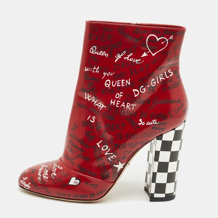 Dolce & Gabbana Red Leather Graffiti Ankle Boots Size 40.5
