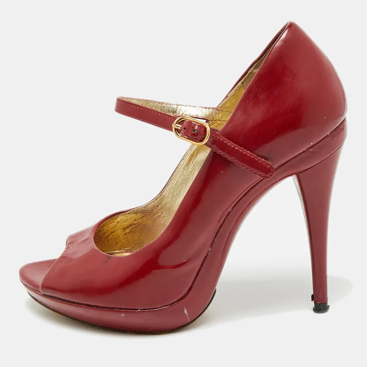 Dolce & Gabbana Red Patent Leather Platform Peep Toe Mary Jane Pumps Size 37