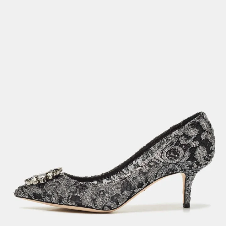 Dolce & Gabbana Silver/Black Lace Bellucci Crystal Embellished Pumps Size 40.5